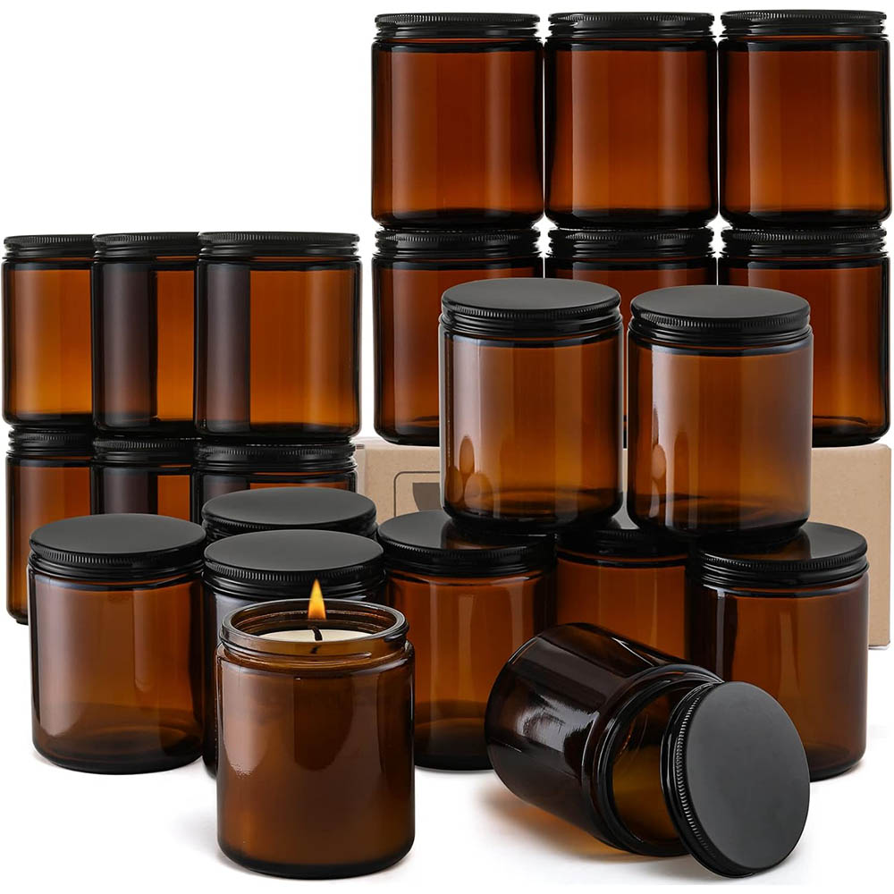 Black Tin Candle - 8oz Amber Cam Kavanozlar Siyah Kapaklı